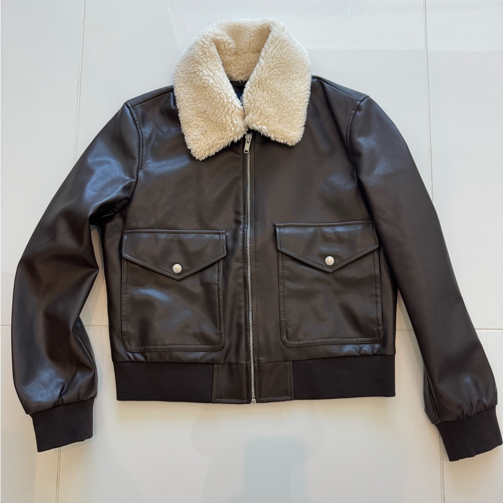 Women’s GAP, faux leather, brown, bomber jacket.